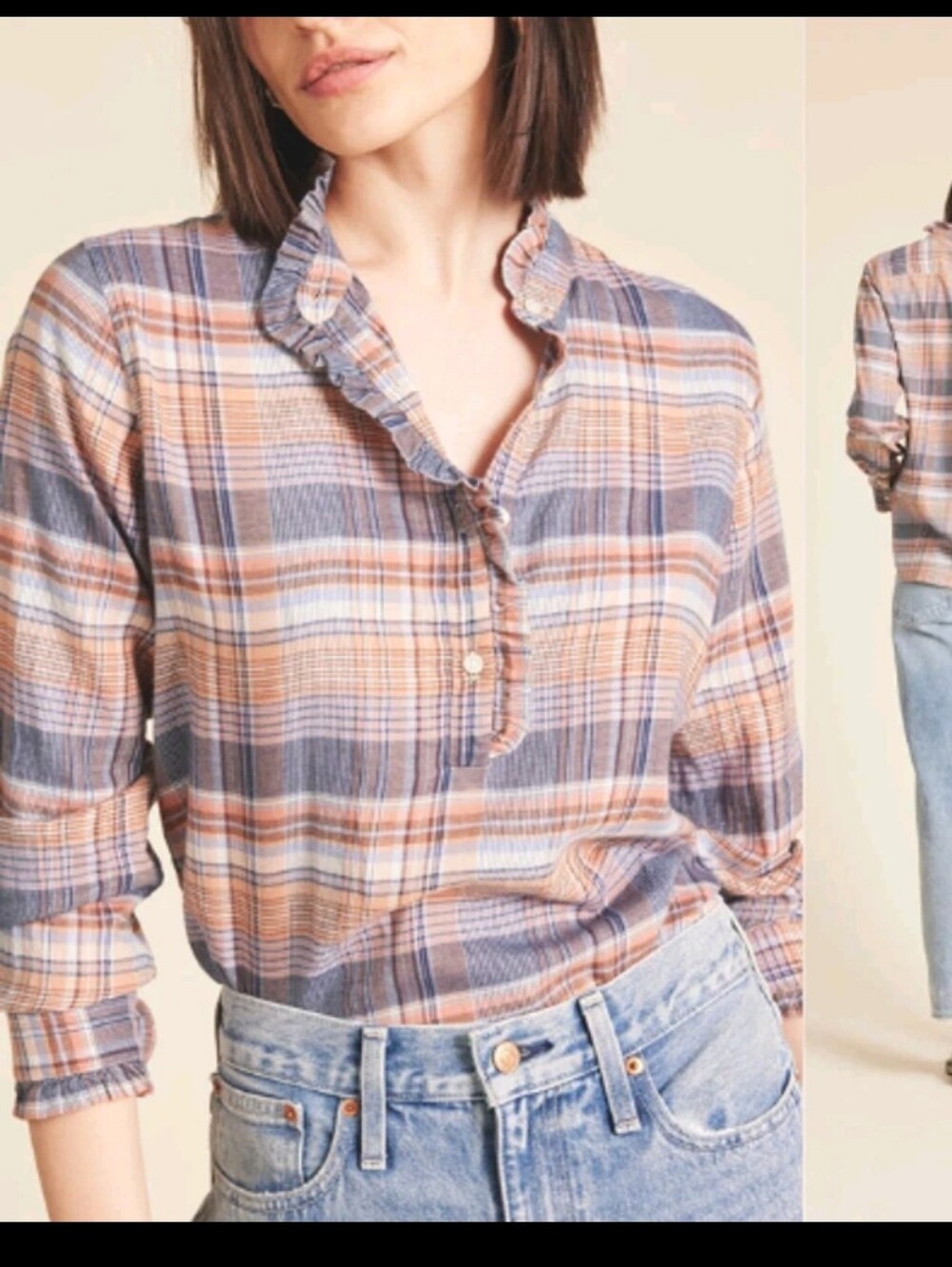 NWT Birds of Paradis By Trovata Ruffle Breezy Blouse Eclipse Plaid Button Down S